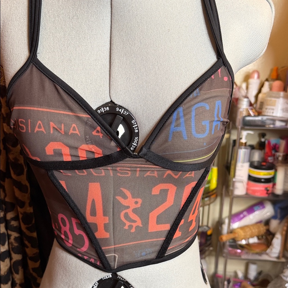 Graphic Mesh crop Top with Black Trim